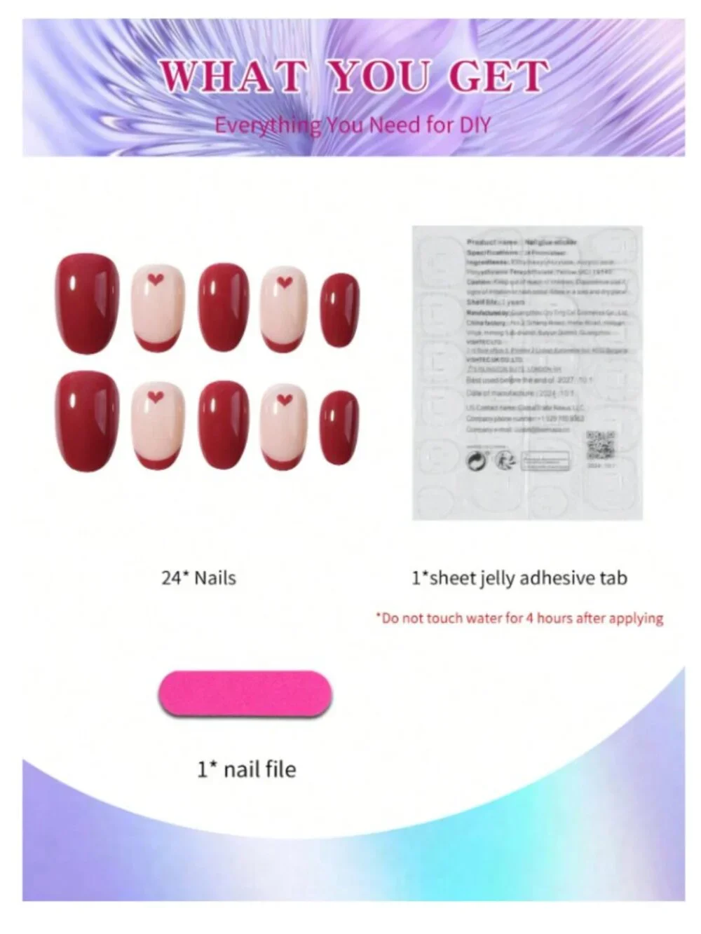 24pc Red Heart French Tip Press-On Nails Oval Glossy Glue-On Manicure Set